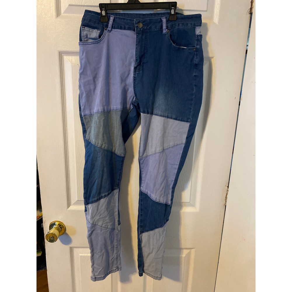 Womens Blue Patchwork Skinny Jeans Multi Tone Denim Stretch Pants XL
